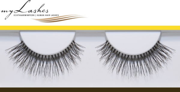 Lange schwarze Echthaar-Wimpernbänder myLashes GoldLine No. 2, volle leicht gefächerte Wimpern, Paar falscher Wimpern